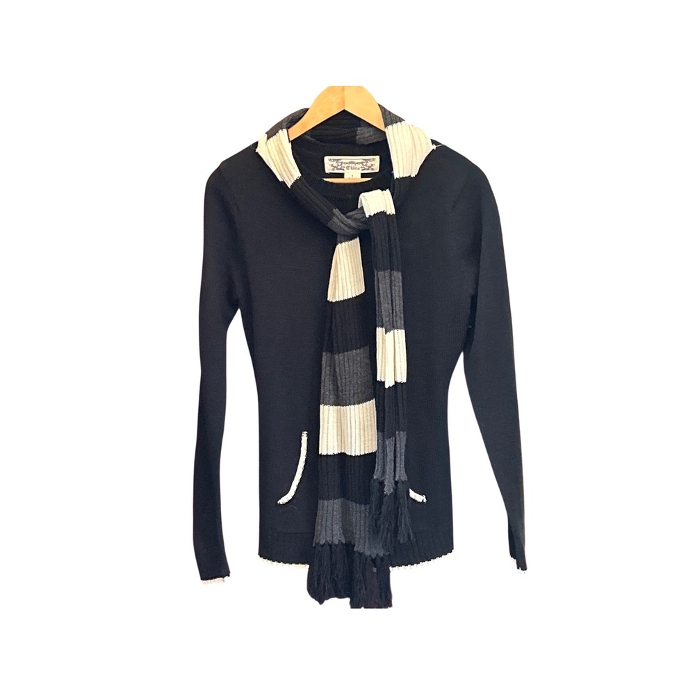 Vintage Tiara Knit Scarf Sweater Dark Academia Preppy Black Striped Top